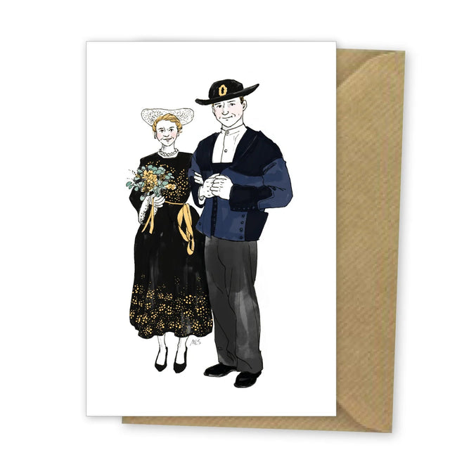 Carte de vœux double breton-bretonne : mariés en costume traditionnel breton, avec enveloppe kraft