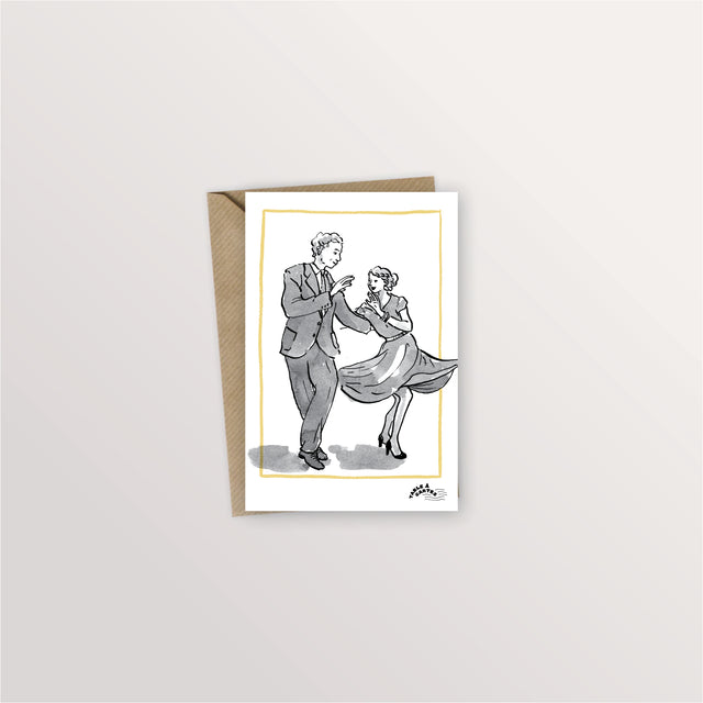 Carte postale « Swing ! » : couple dansant le swing, dessin à l'encre avec enveloppe kraft