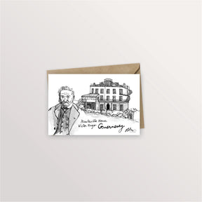 Carte postale Guernesey : Victor Hugo devant Hauteville House, dessin à l'encre avec enveloppe kraft