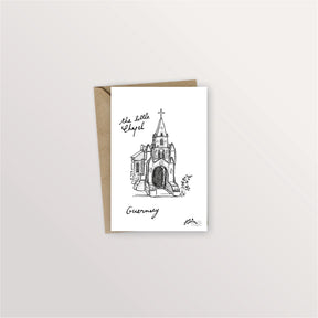 Carte postale Guernesey : la Little Chapel dessinée à l'encre, avec son enveloppe kraft