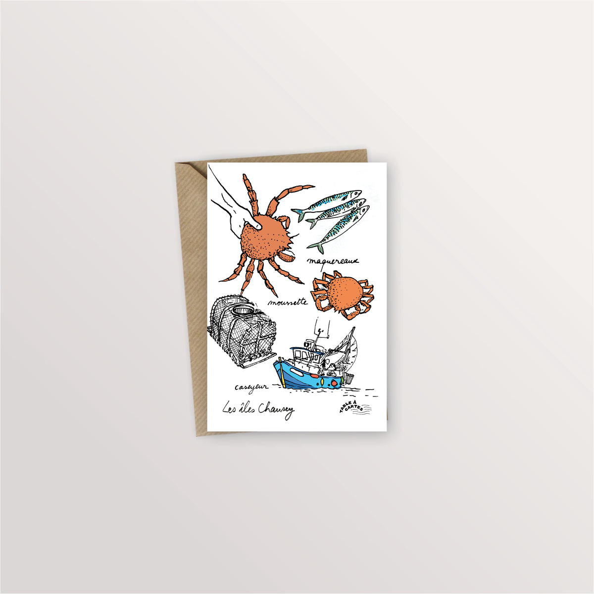 Carte postale îles Chausey : moussettes, maquereaux, casier et caseyeur bleu dessinés en couleurs