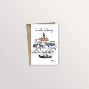 Carte postale îles Chausey : le phare de la Grande Île et une barque bleue, dessin à l'encre et couleurs