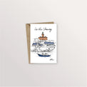 Carte postale îles Chausey : le phare de la Grande Île et une barque bleue, dessin à l'encre et couleurs