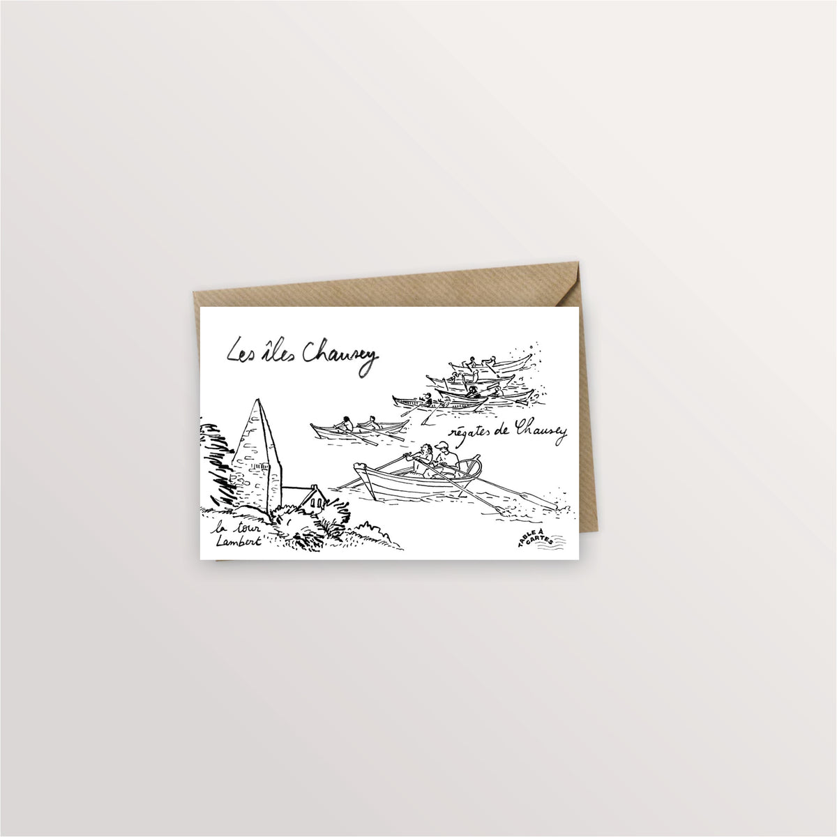Carte postale îles Chausey : régates de doris à l'aviron devant la tour Lambert, dessin à l'encre