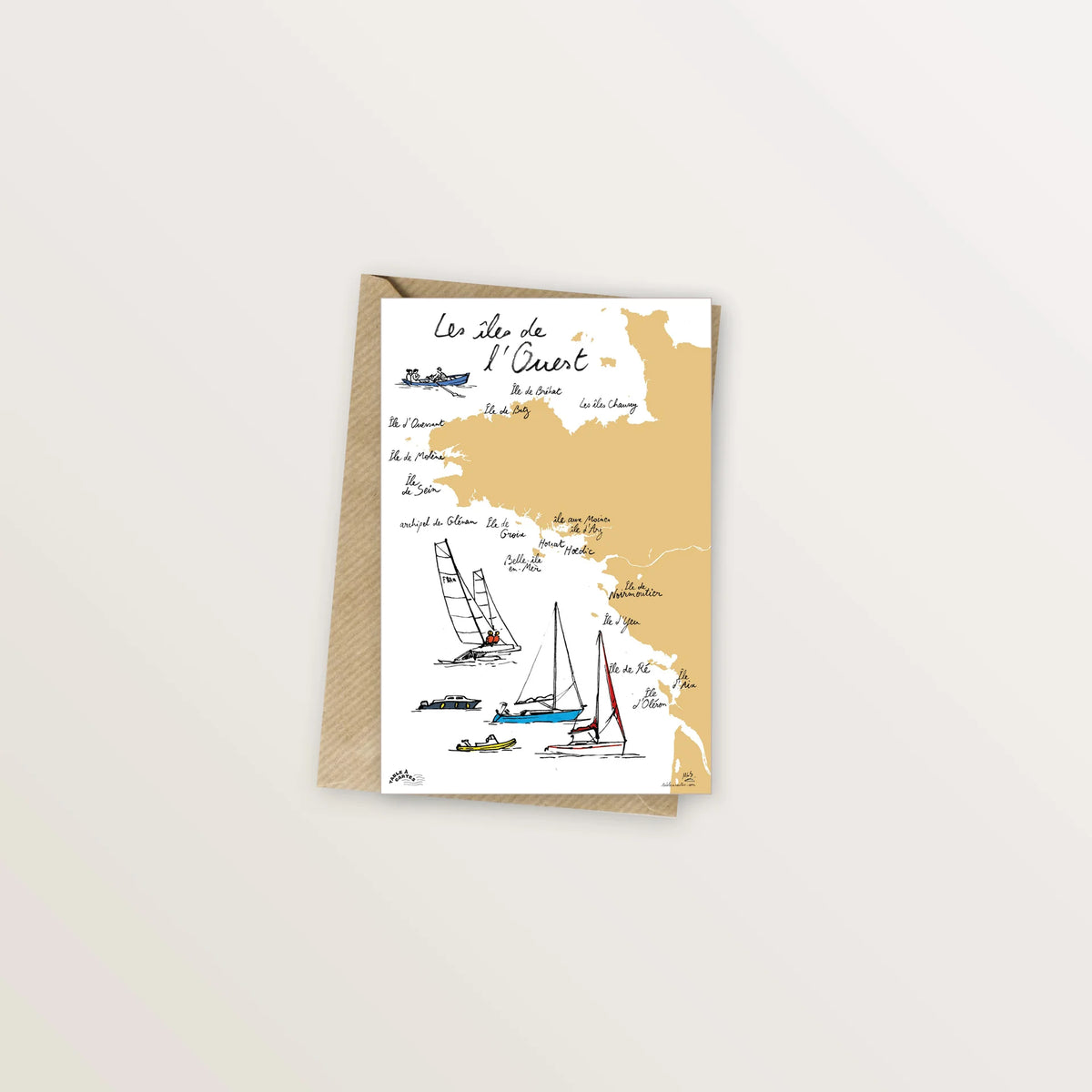 Carte postale « Les îles de l'Ouest » : carte illustrée de la côte atlantique et de ses voiliers