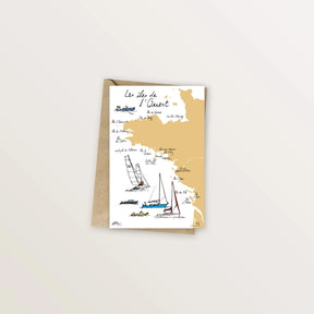 Carte postale « Les îles de l'Ouest » : carte illustrée de la côte atlantique et de ses voiliers