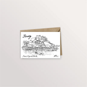 Carte postale Jersey : le château de Mont Orgueil dominant le port de Gorey, dessin à l'encre