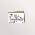 Carte postale Jersey : le château de Mont Orgueil dominant le port de Gorey, dessin à l'encre