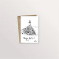 Carte postale Jersey : le phare de Corbière sur son îlot rocheux face à la mer, dessin à l'encre