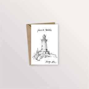 Carte postale Jersey : le phare de Corbière sur son rocher, dessin vertical à l'encre
