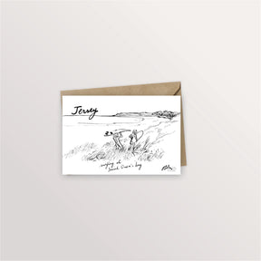 Carte postale Jersey : surfeurs traversant les dunes de St Ouen's Bay, dessin à l'encre