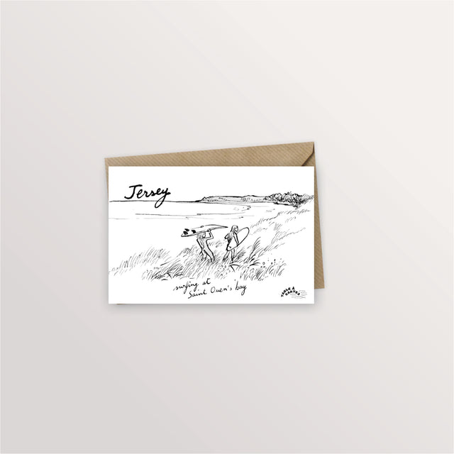 Carte postale Jersey : surfeurs traversant les dunes de St Ouen's Bay, dessin à l'encre