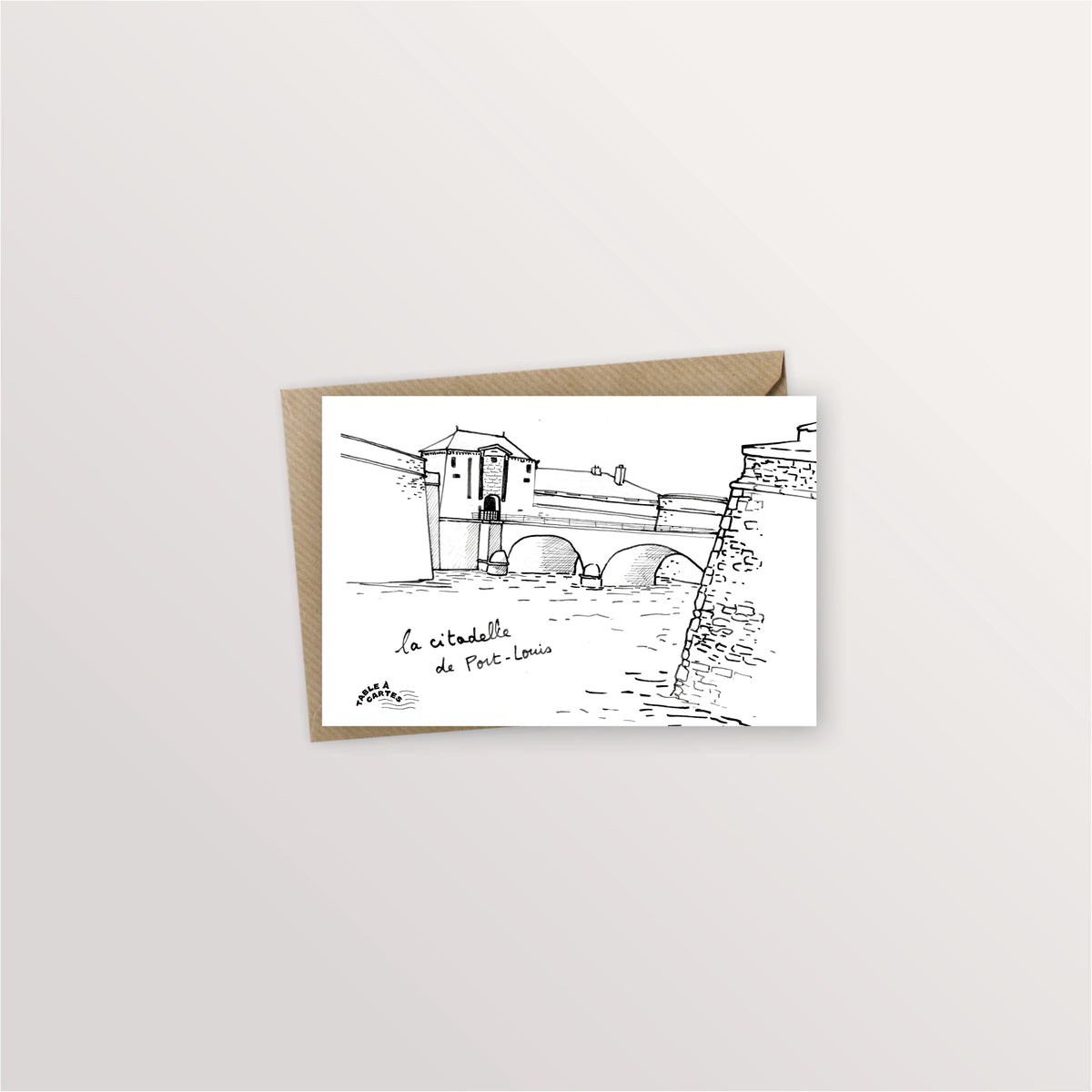 Carte postale Port-Louis : le pont et la porte d'entrée de la citadelle, dessin à l'encre