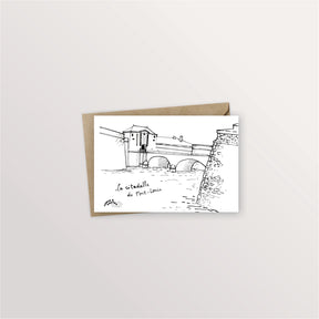 Carte postale Port-Louis : le pont et la porte d'entrée de la citadelle, dessin à l'encre