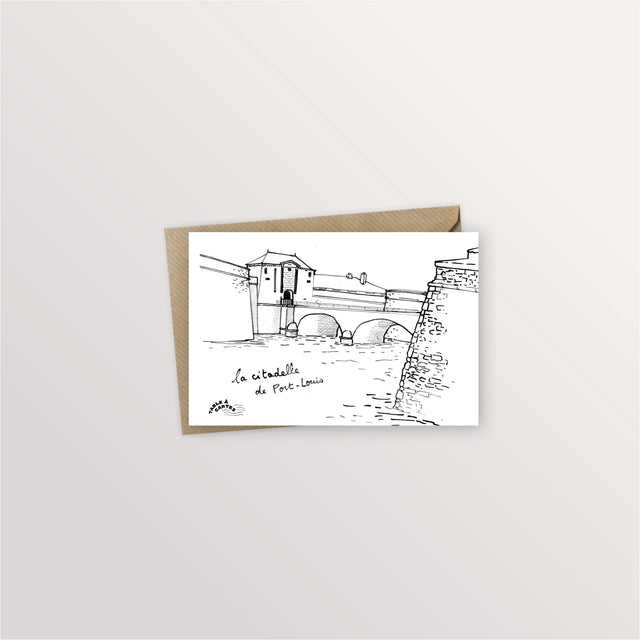Carte postale Port-Louis : le pont et la porte d'entrée de la citadelle, dessin à l'encre