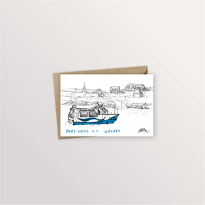Carte postale Port-Louis – Gâvres : le bateau passeur bleu et blanc devant Port-Louis