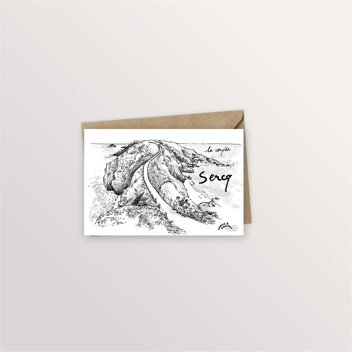 Carte postale Sercq : l'isthme de la Coupée entre Grande et Petite Sercq, dessin à l'encre