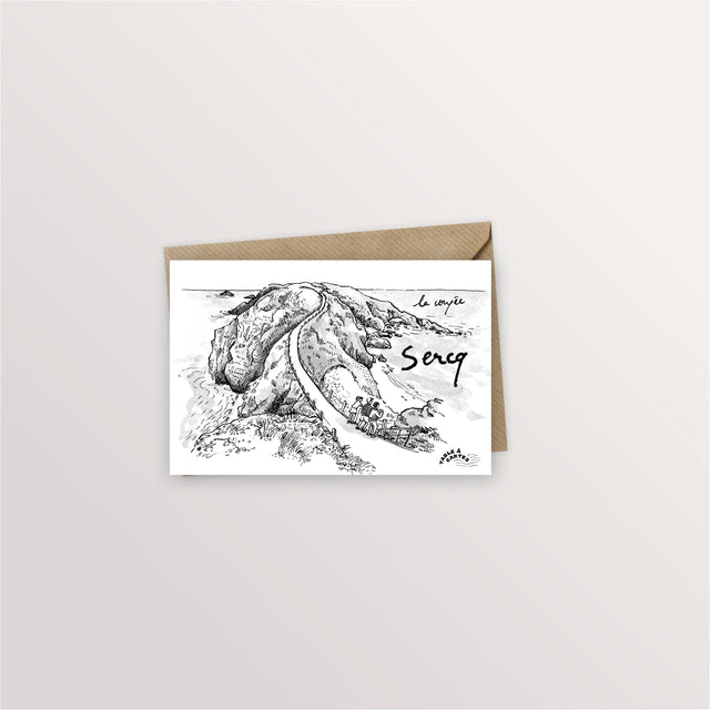 Carte postale Sercq : l'isthme de la Coupée entre Grande et Petite Sercq, dessin à l'encre