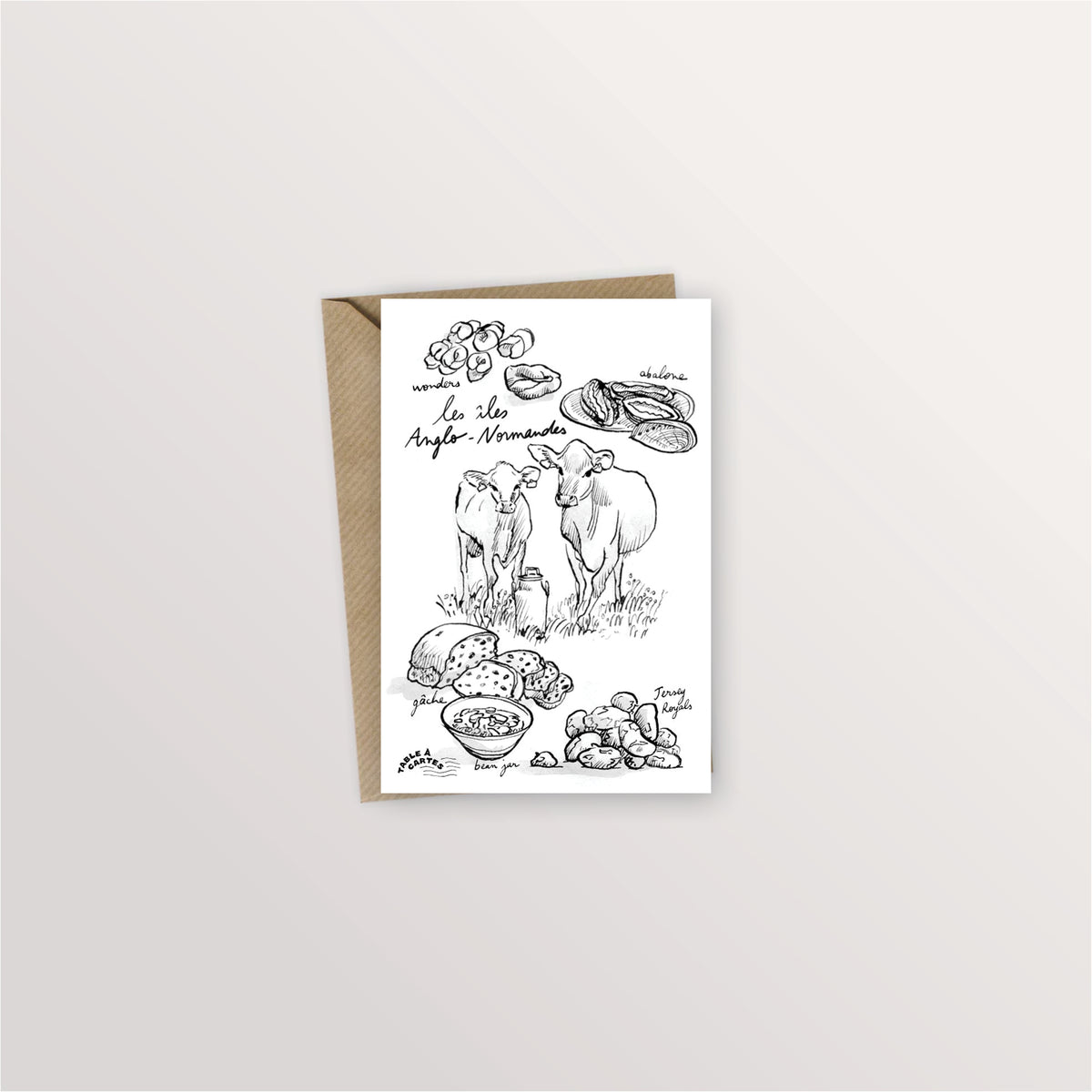 Carte postale Anglo-Normandes : vaches de Jersey, ormeaux, Jersey Royals, Jersey wonders et bean jar