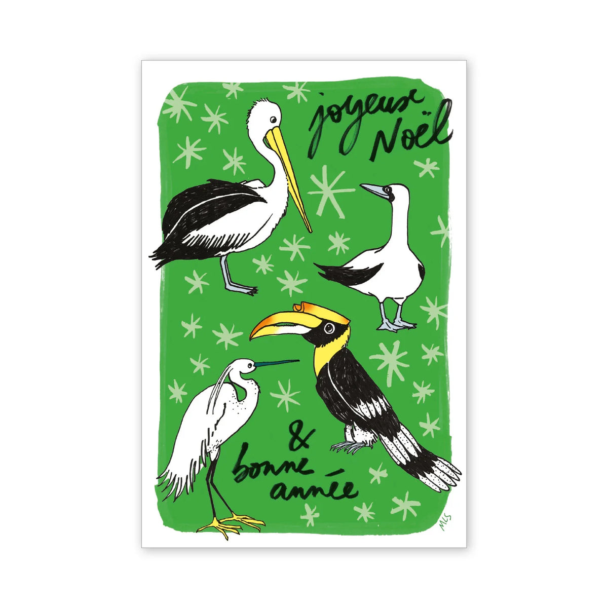 Carte de vœux double « Oiseaux tropicaux » : pélican, fou et calao sur fond vert, « Joyeux Noël & bonne année »