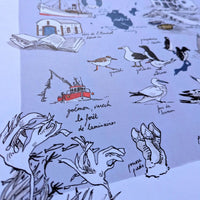 Détail de l'affiche Île de Molène : oiseaux de l'estran, goémon et forêt de laminaires dessinés à l'encre