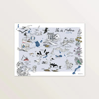 Affiche « Île de Molène » 40 x 30 cm : carte illustrée sur fond bleu gris, oiseaux, dauphins et maisons de l'île