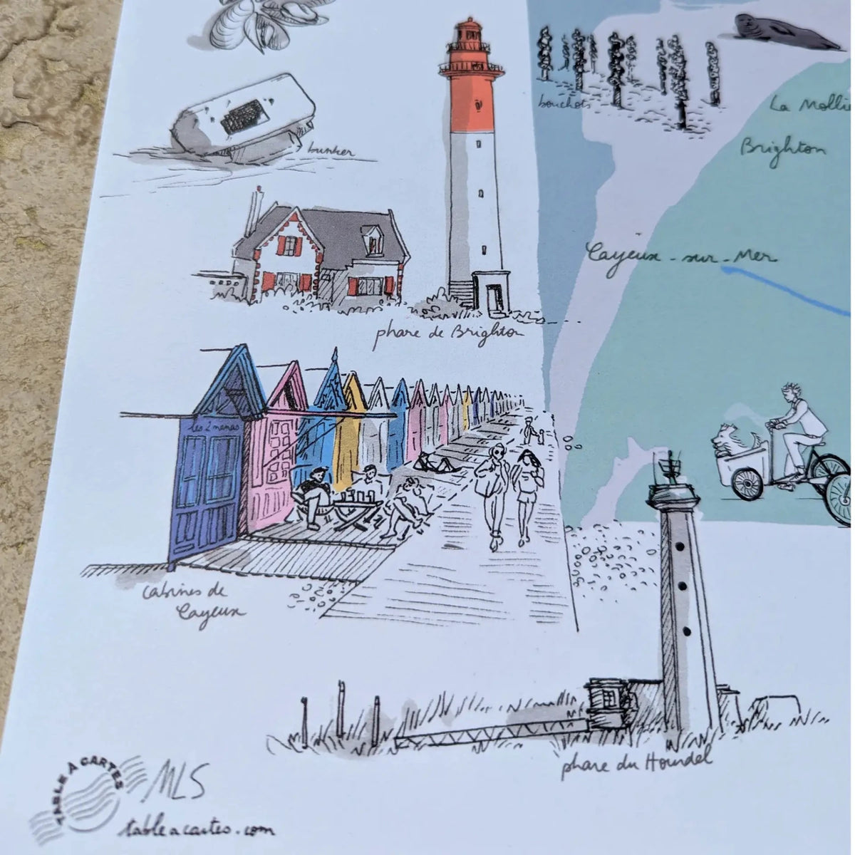 Détail de l'affiche Baie de Somme : phare du Hourdel, cabines de plage colorées et villas