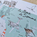 Détail de l'affiche La Baie de Somme : titre calligraphié, courlis, avion ancien et char à voile