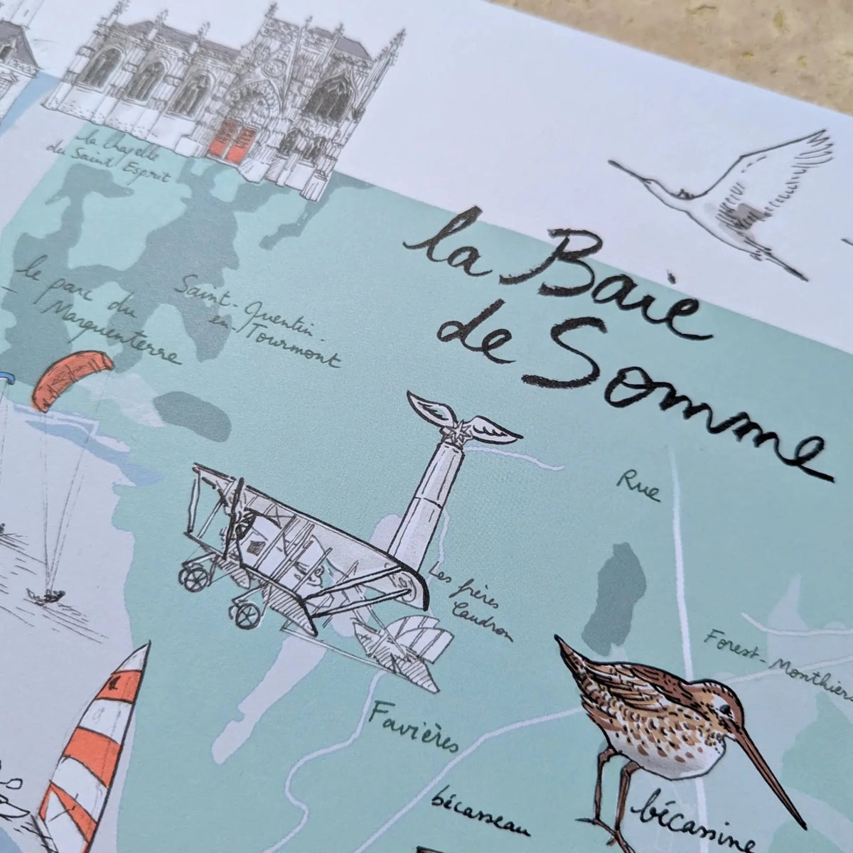 Détail de l'affiche La Baie de Somme : titre calligraphié, courlis, avion ancien et char à voile