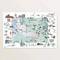 Affiche « La Baie de Somme » 60 x 40 cm : carte vert d'eau illustrée d'oiseaux, phares et villages de la baie