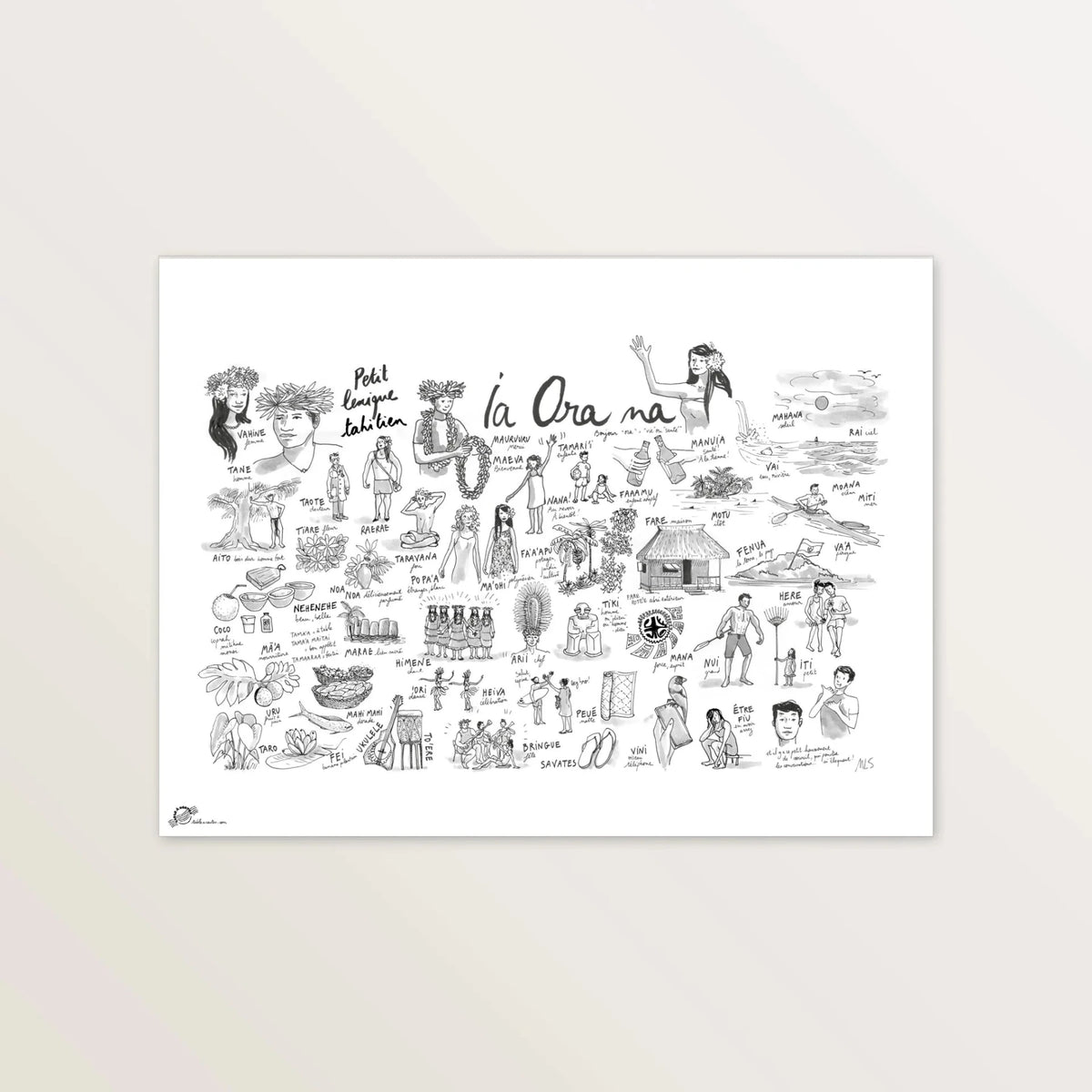 Affiche « Lexique tahitien » 40 x 30 cm : mots tahitiens illustrés à l'encre noire, « Ia Ora Na »