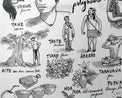 Détail de l'affiche Lexique tahitien : vahine, tane, tiare, taote illustrés avec leur traduction