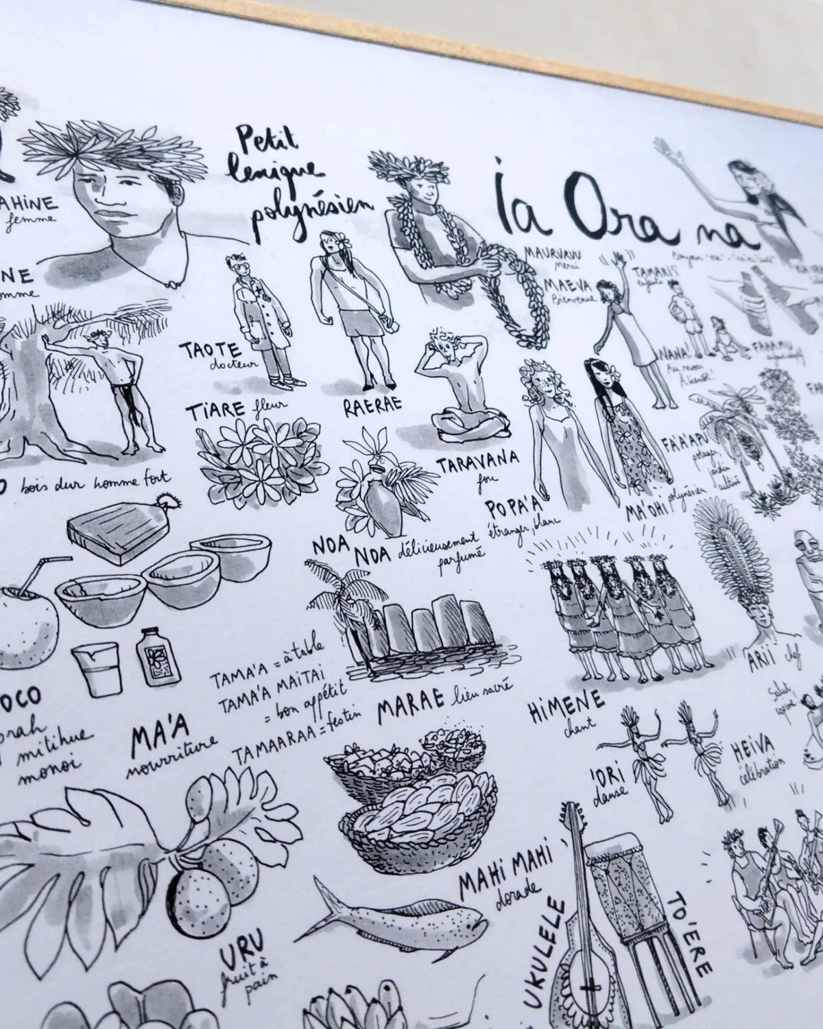 Détail de l'affiche Petit lexique polynésien : vahinés, tiaré et mots tahitiens dessinés à la plume