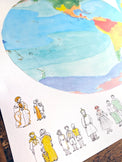 Détail de l'affiche « Palette du monde » : hémisphère aquarellé et personnages du monde dessinés à l'encre