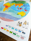 Détail de l'affiche Palette du monde : zones climatiques colorées et légende en pastilles d'aquarelle