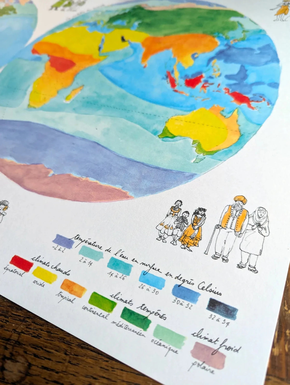 Détail de l'affiche Palette du monde : zones climatiques colorées et légende en pastilles d'aquarelle