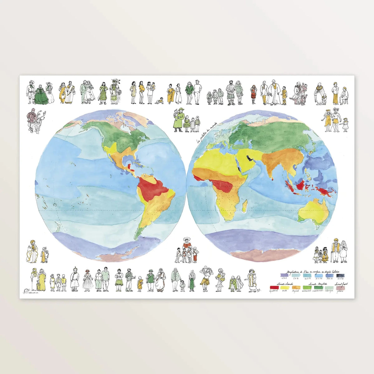Affiche « Palette du monde » 60 x 40 cm : deux hémisphères aquarellés entourés de personnages du monde entier