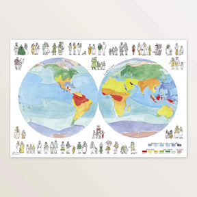 Affiche « Palette du monde » 60 x 40 cm : deux hémisphères aquarellés entourés de personnages du monde entier