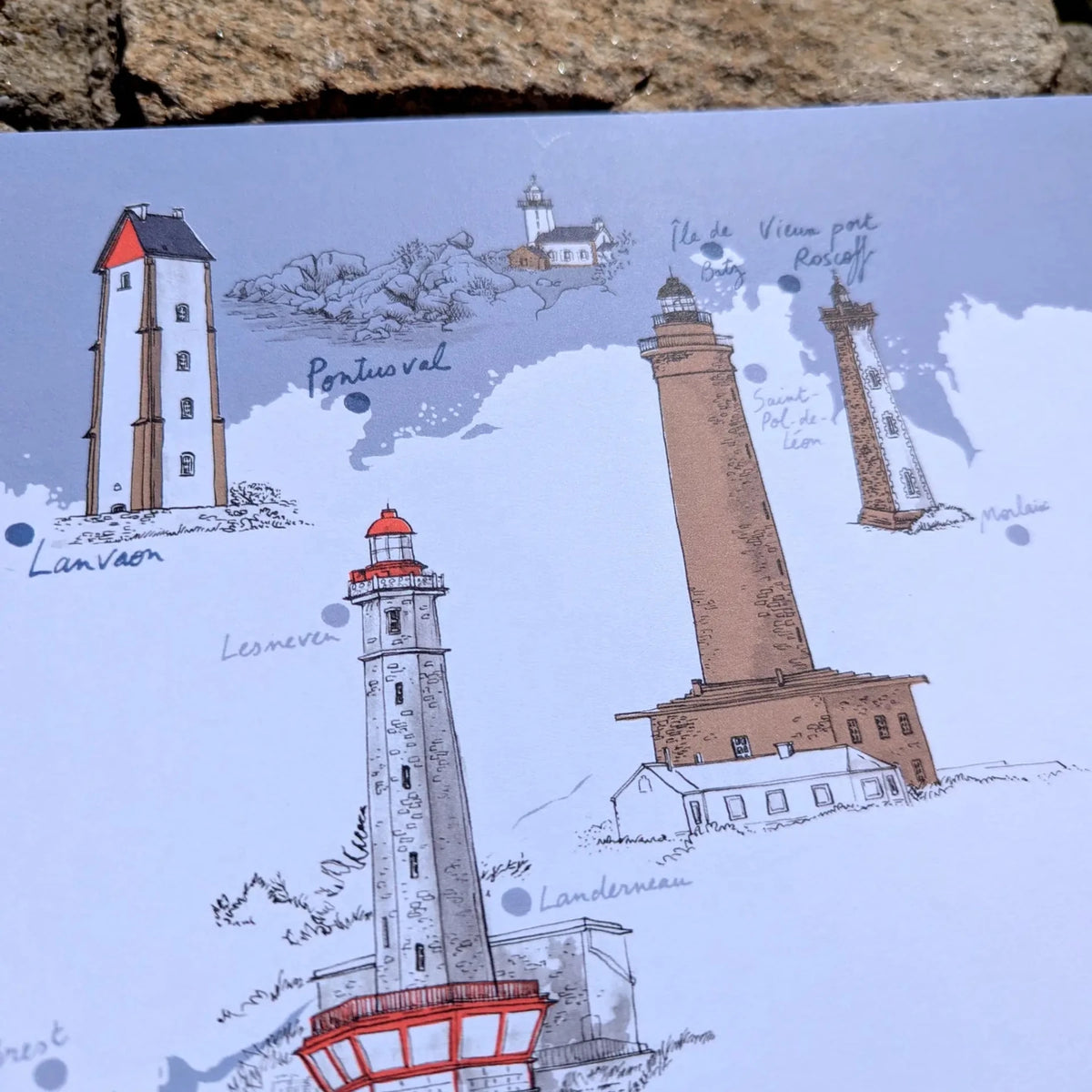 Détail de l'affiche Phares du Finistère : phares de Lanvaon et de l'île Vierge dessinés à l'encre