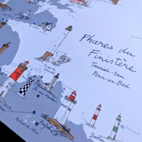 Détail de l'affiche Phares du Finistère : titre calligraphié et phares rouges et blancs du Penn-ar-Bed