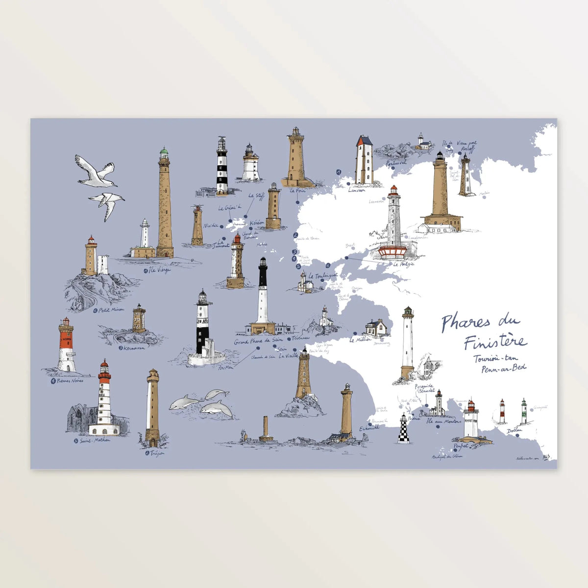 Affiche « Phares du Finistère » 60 x 40 cm : une trentaine de phares dessinés sur fond bleu lavande