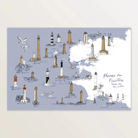 Affiche « Phares du Finistère » 60 x 40 cm : une trentaine de phares dessinés sur fond bleu lavande