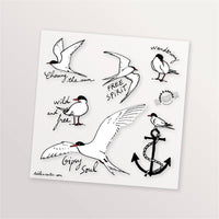 Planche de 6 tatouages éphémères « Sternes vagabondes » : sternes, ancre et mots « Free spirit », « Wild and free »