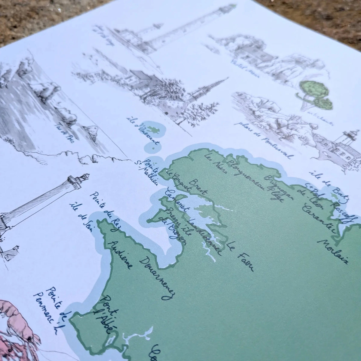 Détail de l'affiche GR34 : presqu'île de Crozon et phares du Finistère dessinés à la plume