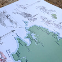 Détail de l'affiche GR34 : presqu'île de Crozon et phares du Finistère dessinés à la plume