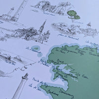Détail de l'affiche GR34 : côte du Finistère, Douarnenez et pointe du Raz dessinées à l'encre
