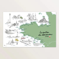 Affiche « Le sentier des douaniers GR34 » 60 x 40 cm : la côte bretonne verte illustrée de phares et monuments