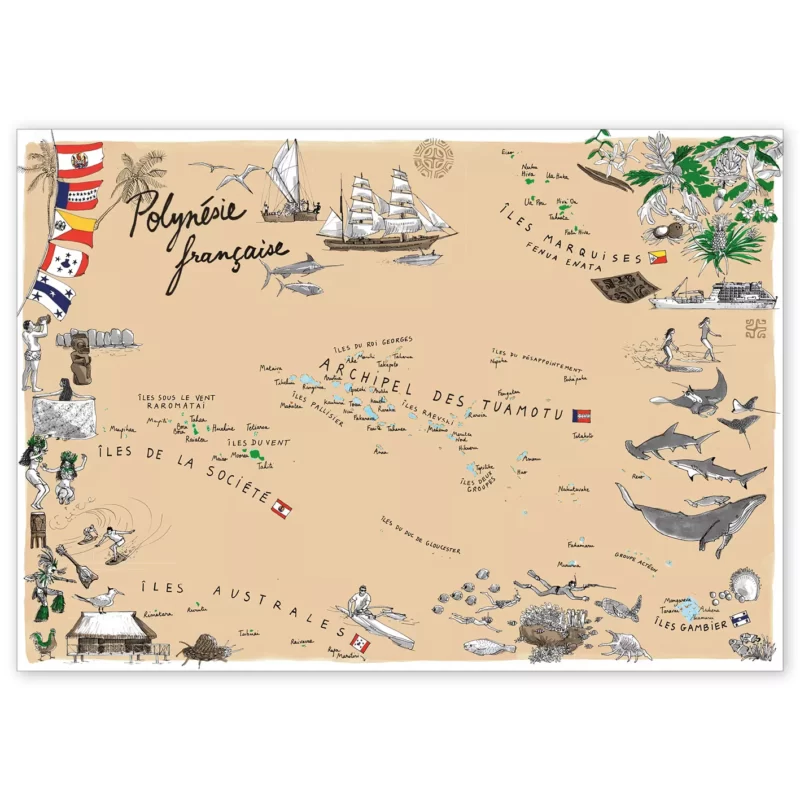Carte illustrée de la Polynésie française par Margot Lecointre du site Table à cartes